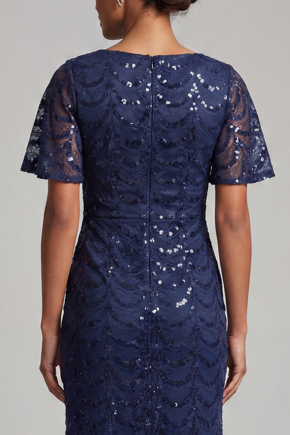 Robe mi-longue sirène bleu marine scintillante à volants et paillettes avec fente pour mère de la mariée