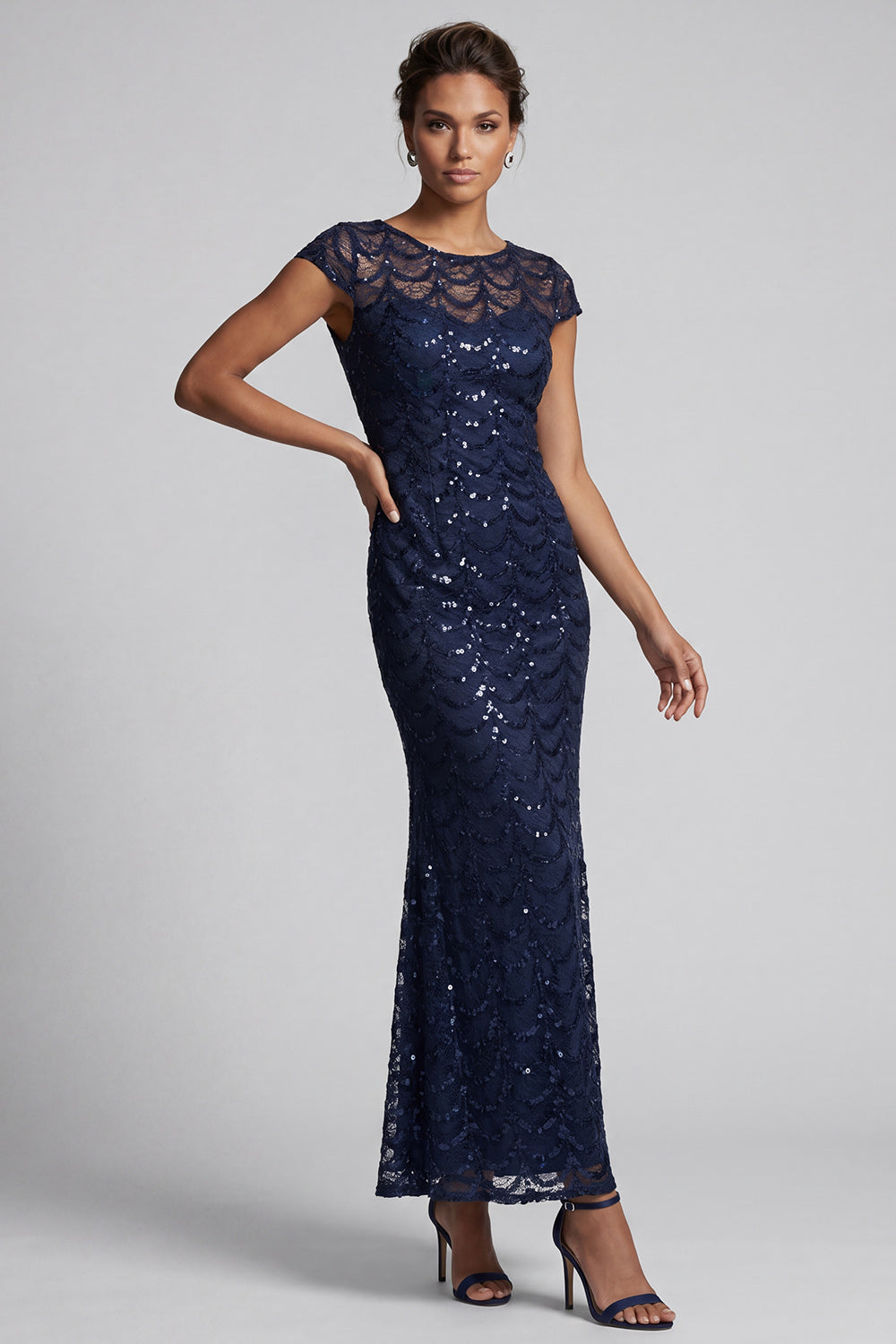 Sparkly Navy Mermaid Round Neck Sequins Midi Mother Of the Bride Dress with Cap Sleeves
