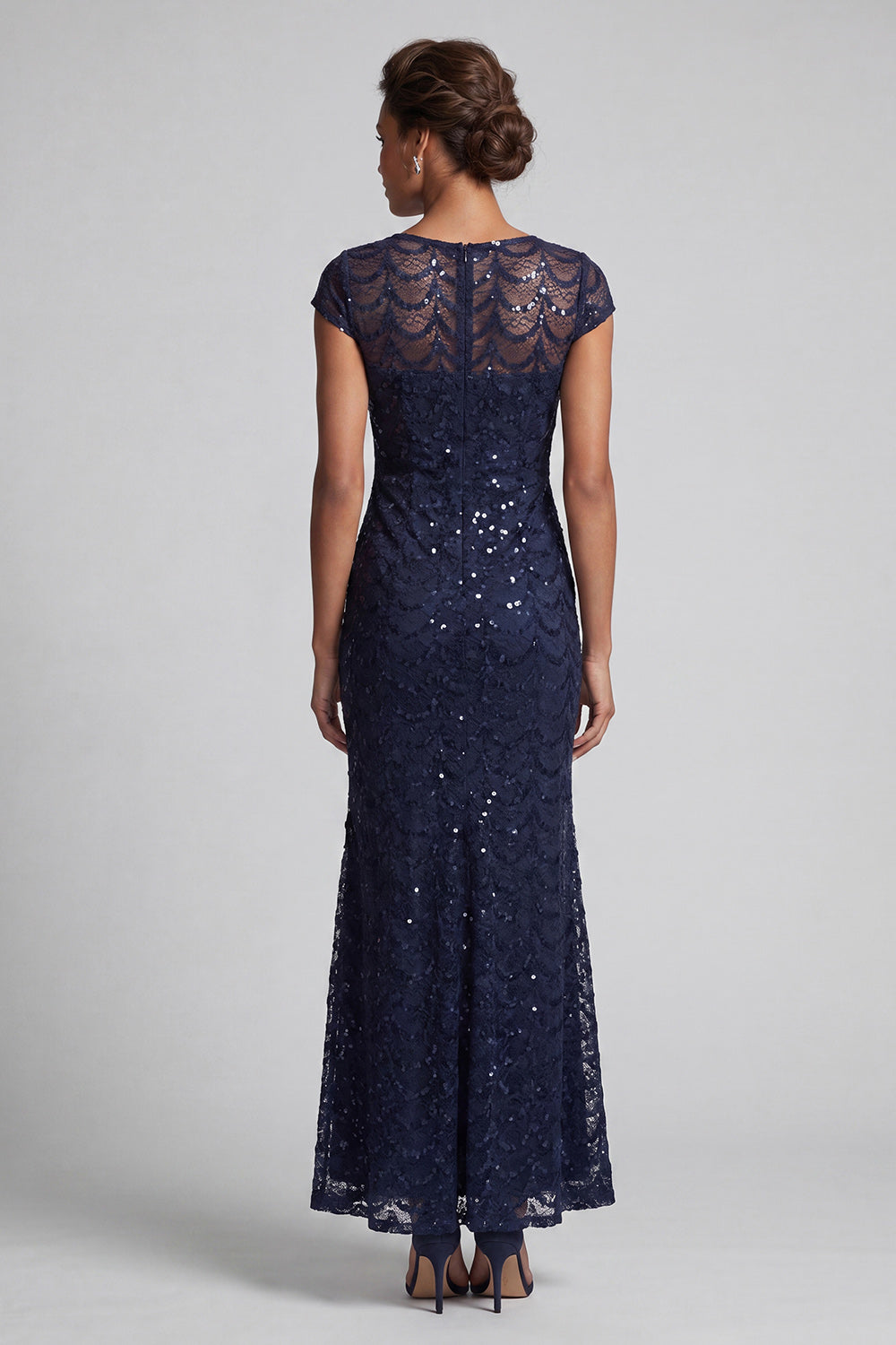 Sparkly Navy Mermaid Round Neck Sequins Midi Mother Of the Bride Dress with Cap Sleeves