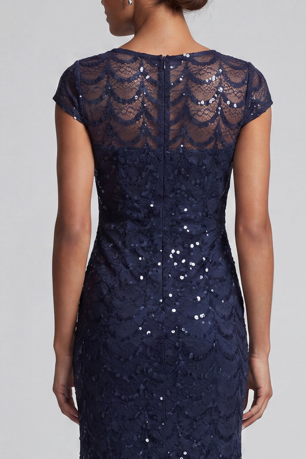 Sparkly Navy Mermaid Round Neck Sequins Midi Mother Of the Bride Dress with Cap Sleeves