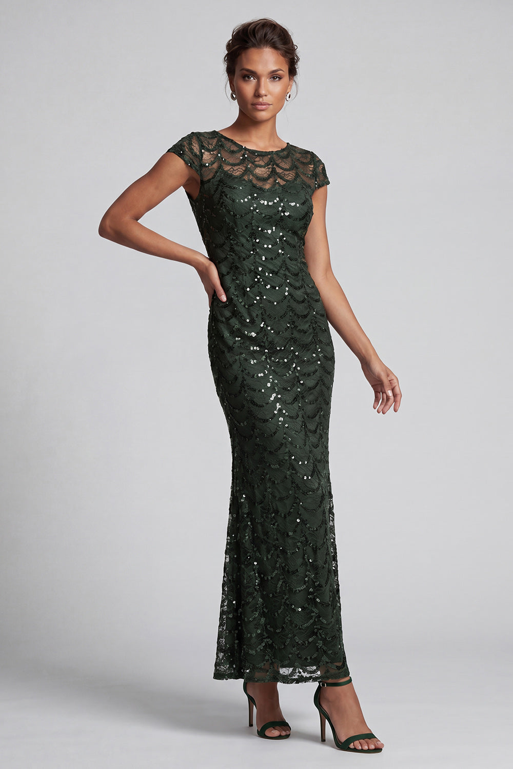 Sparkly Navy Mermaid Round Neck Sequins Midi Mother Of the Bride Dress with Cap Sleeves