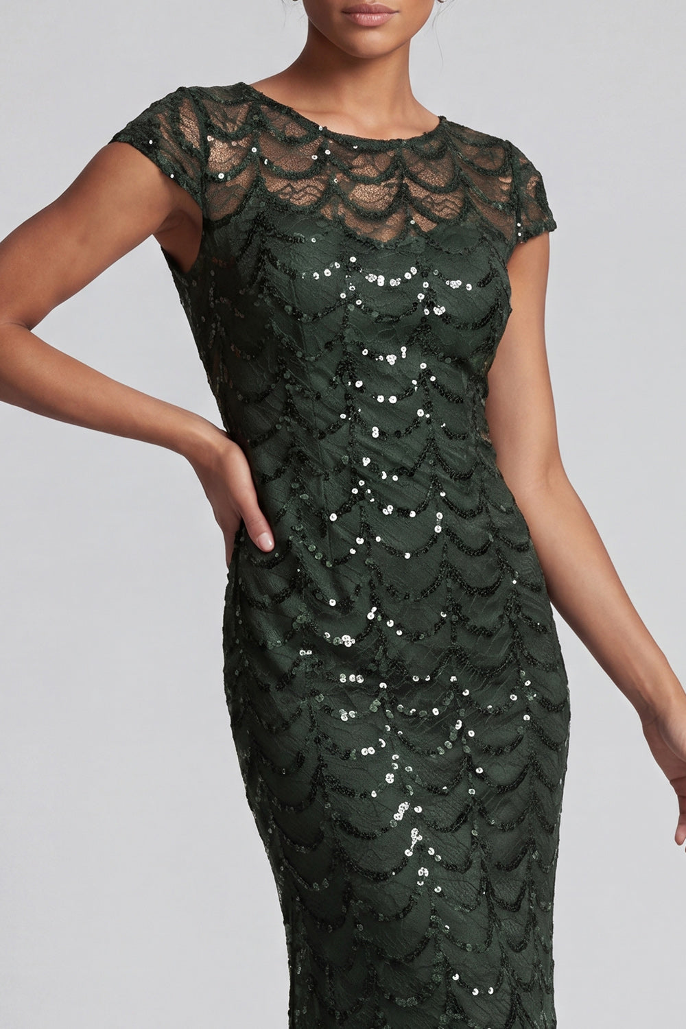 Sparkly Navy Mermaid Round Neck Sequins Midi Mother Of the Bride Dress with Cap Sleeves