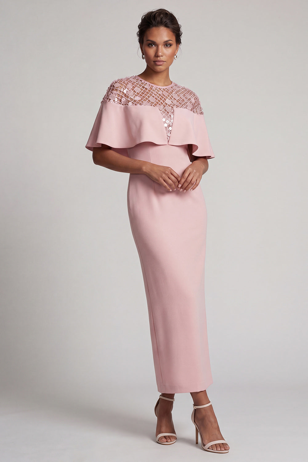 Burgundy Mermaid Round Neck Midi Mother Of the Bride Dress with Cape