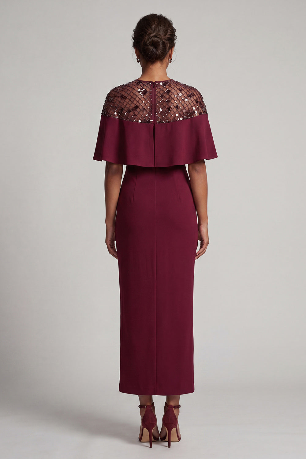 Burgundy Mermaid Round Neck Midi Mother Of the Bride Dress with Cape