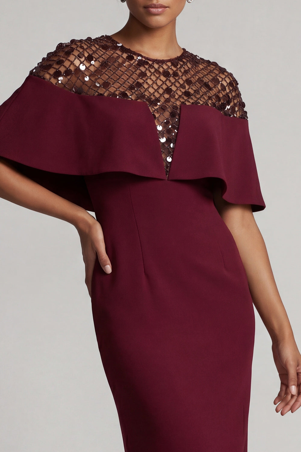 Burgundy Mermaid Round Neck Midi Mother Of the Bride Dress with Cape