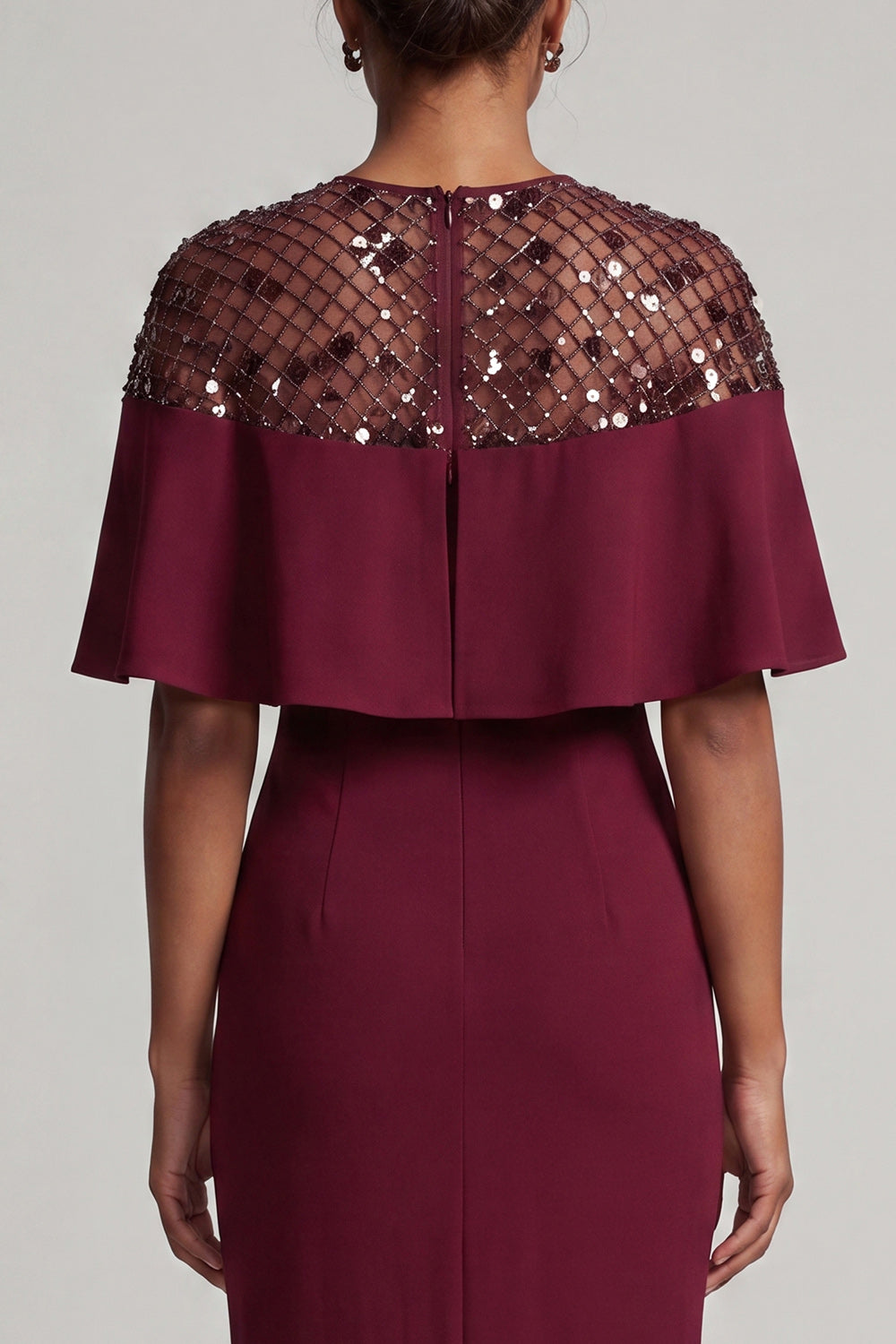 Burgundy Mermaid Round Neck Midi Mother Of the Bride Dress with Cape