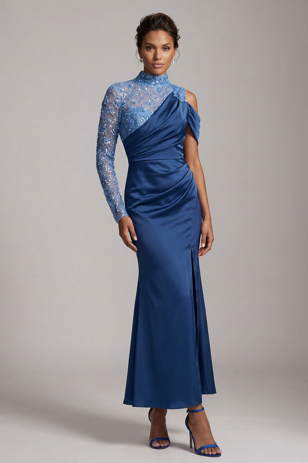 Blue Mermaid High Neck Ruched Midi Mother Of the Bride Dress with Slit