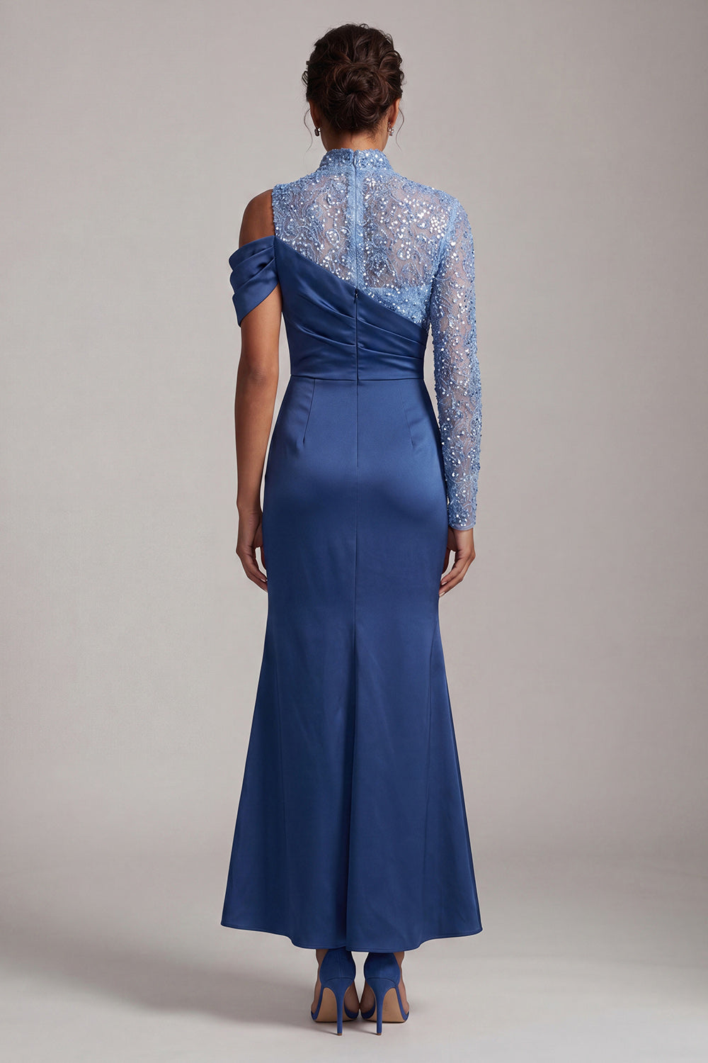 Blue Mermaid High Neck Ruched Midi Mother Of the Bride Dress with Slit