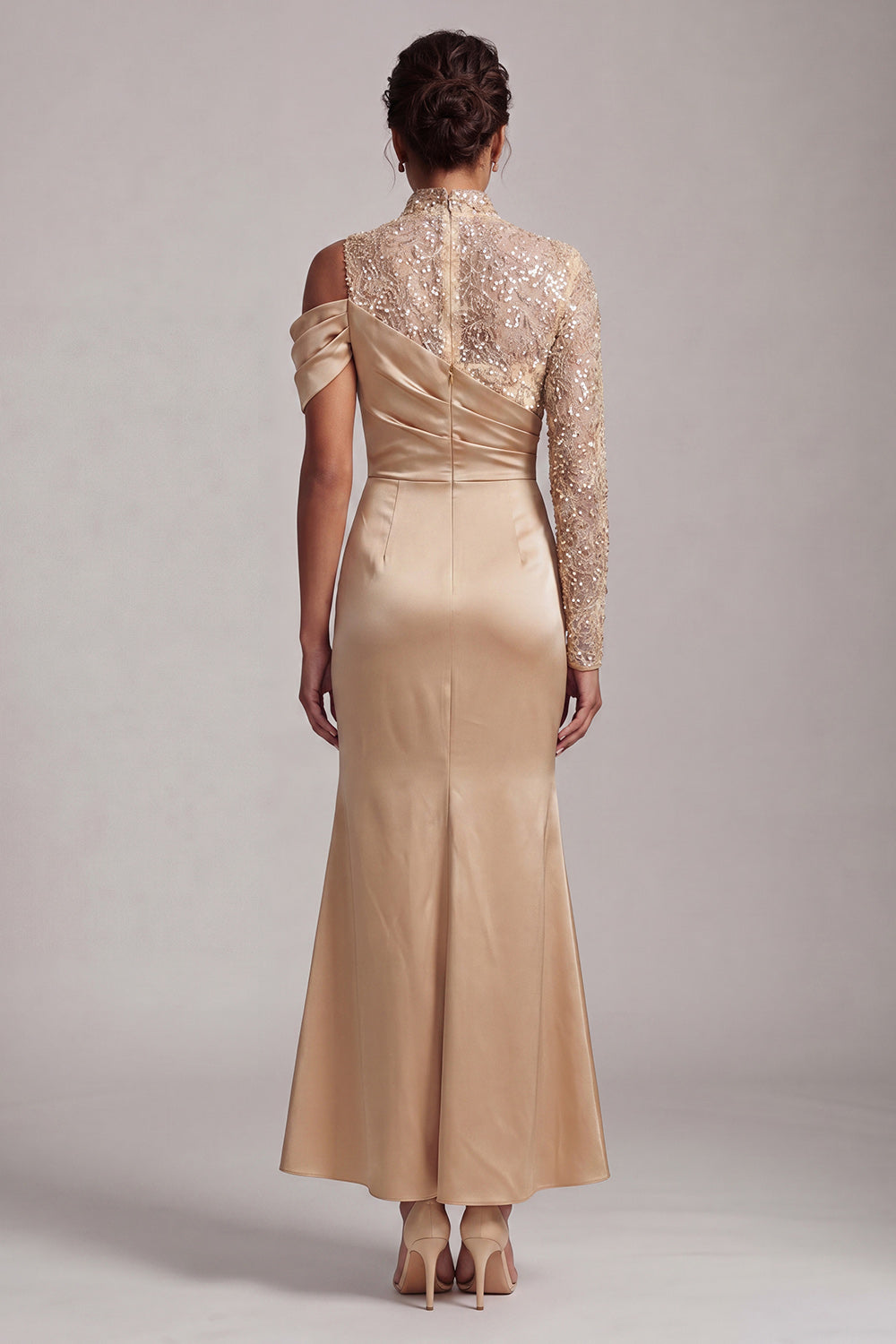 Blue Mermaid High Neck Ruched Midi Mother Of the Bride Dress with Slit