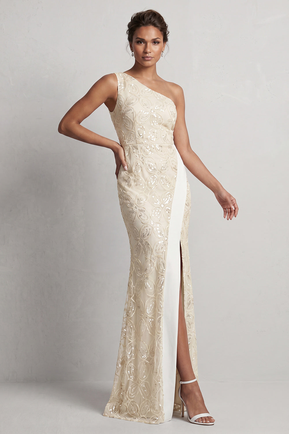 Dusty Blue One-Shoulder Mermaid Sequined Long Mother of the Bride Dress with Slit