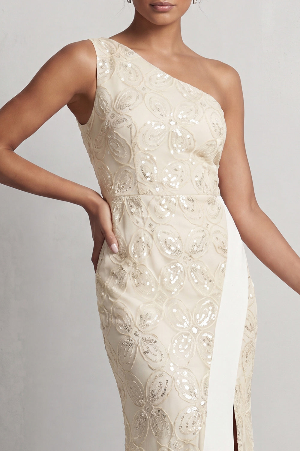 Dusty Blue One-Shoulder Mermaid Sequined Long Mother of the Bride Dress with Slit