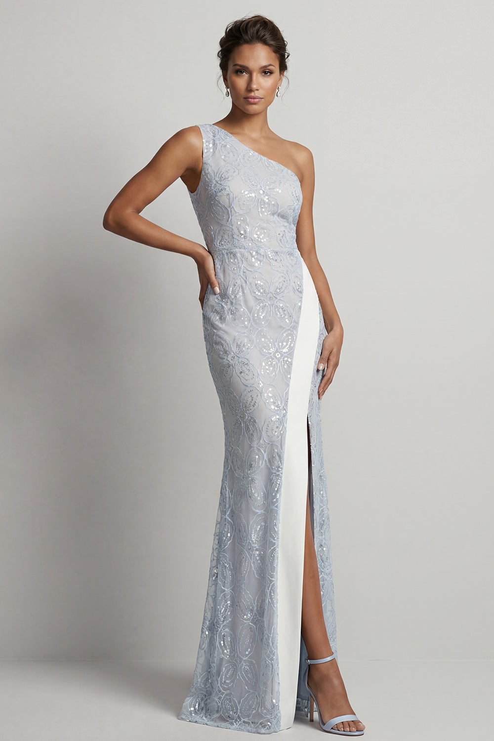 Dusty Blue One-Shoulder Mermaid Sequined Long Mother of the Bride Dress with Slit