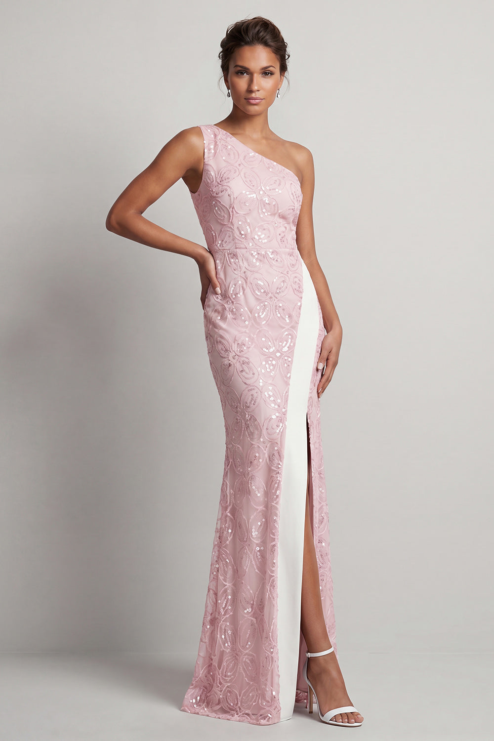 Dusty Blue One-Shoulder Mermaid Sequined Long Mother of the Bride Dress with Slit