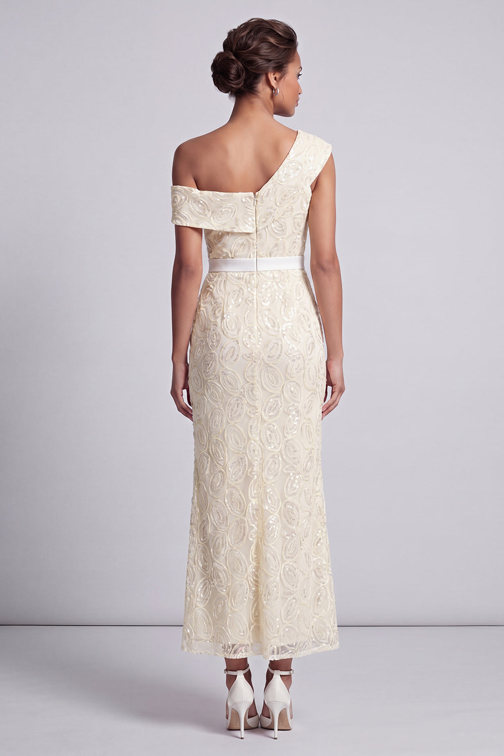 One Shoulder Dusty Blue Mermaid Sequins Midi Mother Of the Bride Dress with Slit