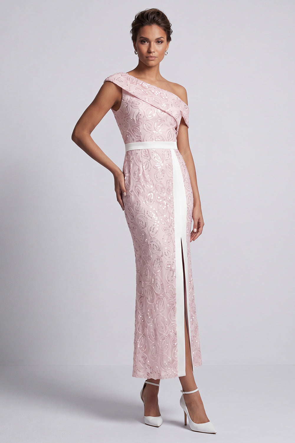 One Shoulder Dusty Blue Mermaid Sequins Midi Mother Of the Bride Dress with Slit