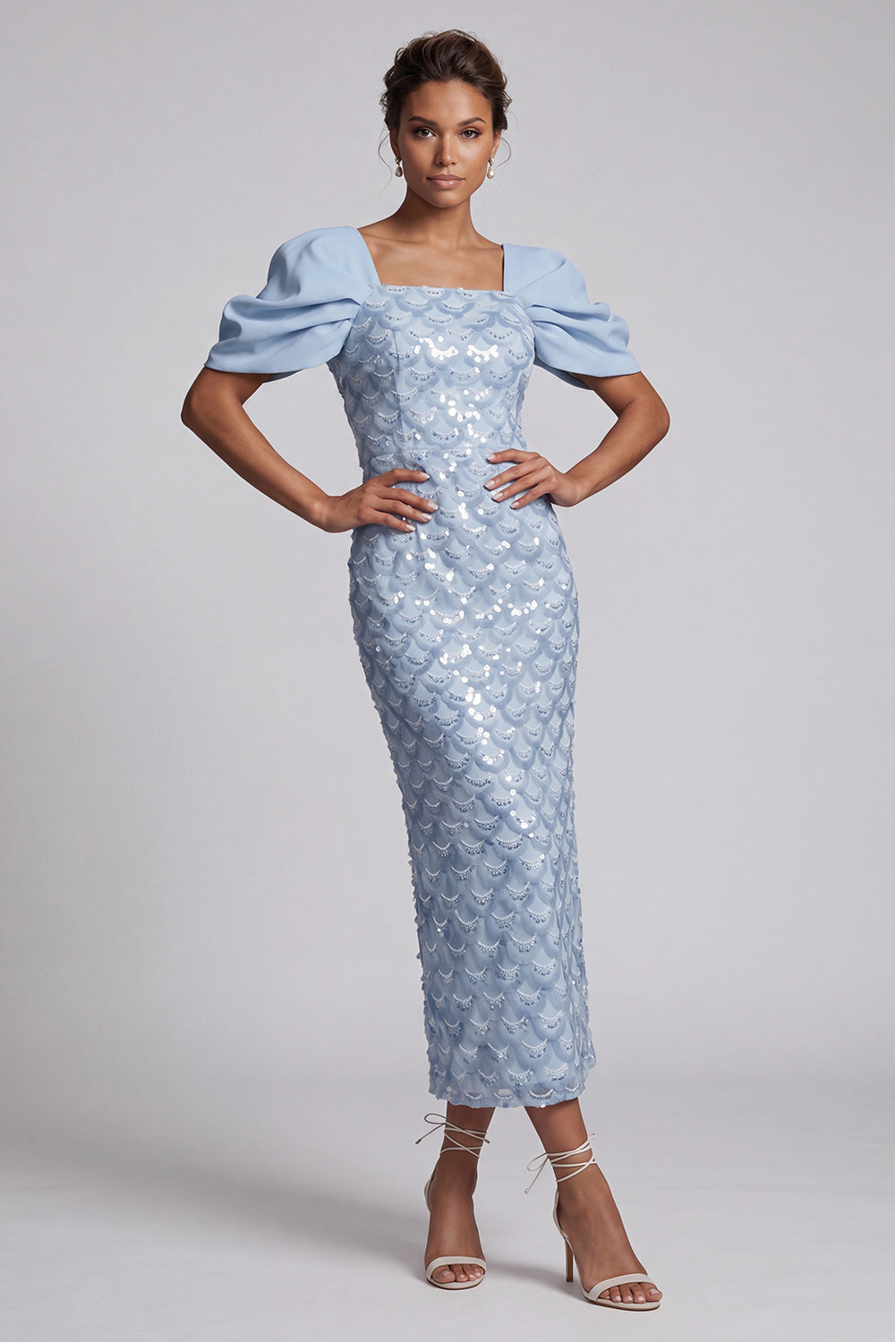Robe midi de mère de la mariée vert clair sirène à sequins avec manches bouffantes
