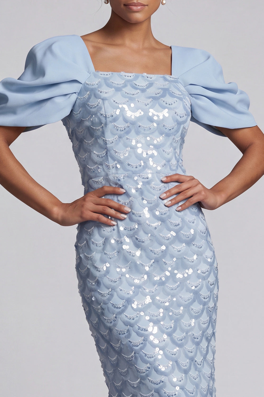 Robe midi de mère de la mariée vert clair sirène à sequins avec manches bouffantes