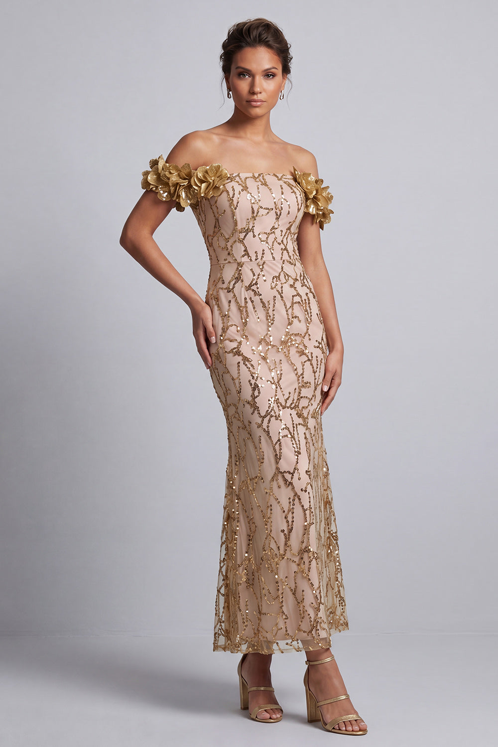 Robe de mariée rose sirène à paillettes, épaules dénudées, mi-longue, avec fleurs 3D