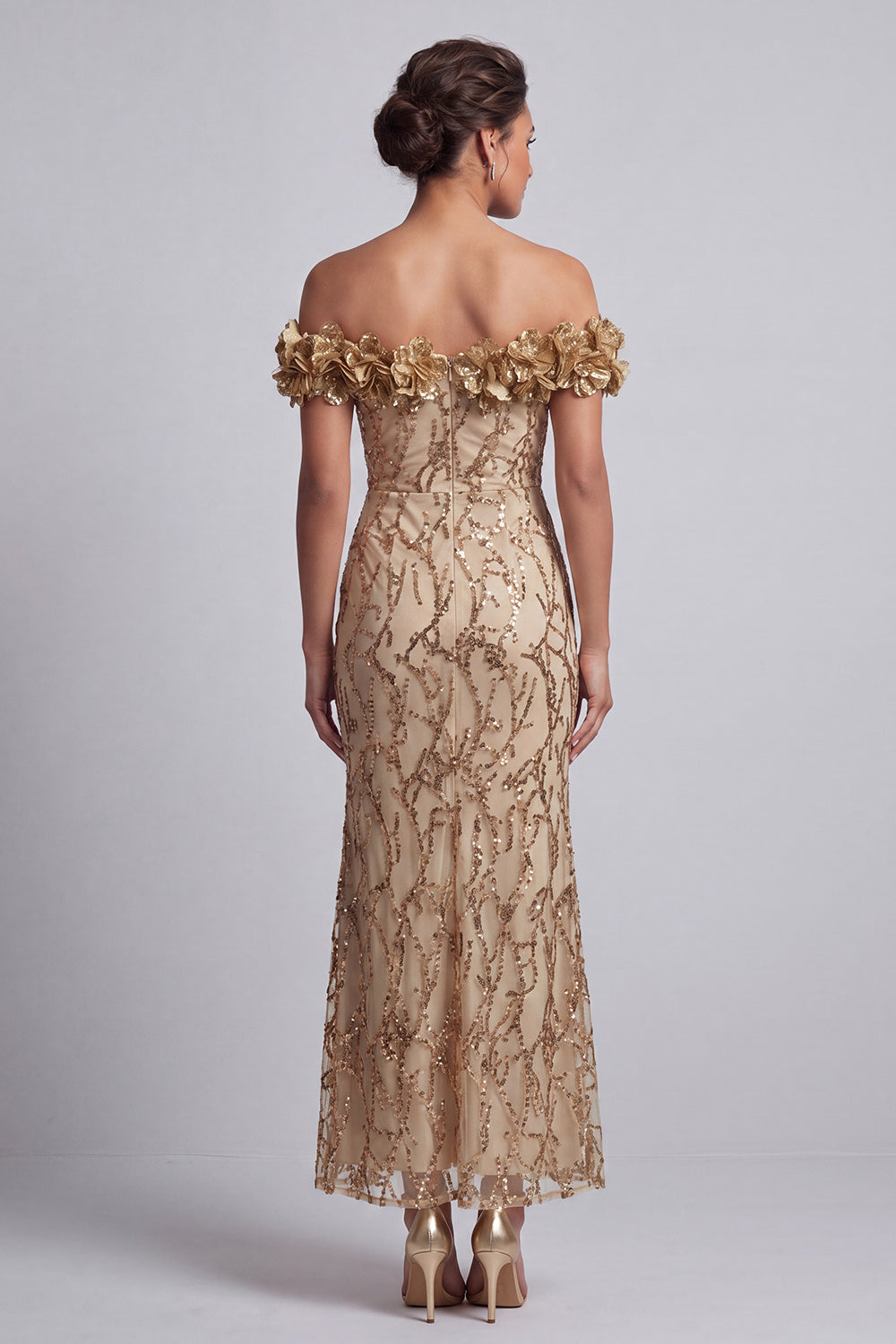 Robe de mariée rose sirène à paillettes, épaules dénudées, mi-longue, avec fleurs 3D