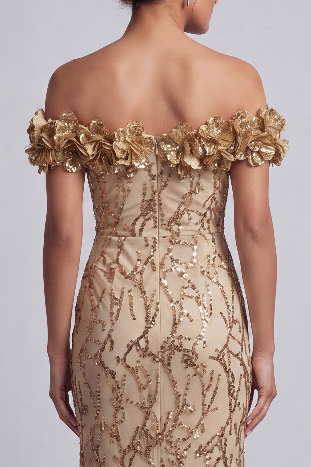 Robe de mariée rose sirène à paillettes, épaules dénudées, mi-longue, avec fleurs 3D