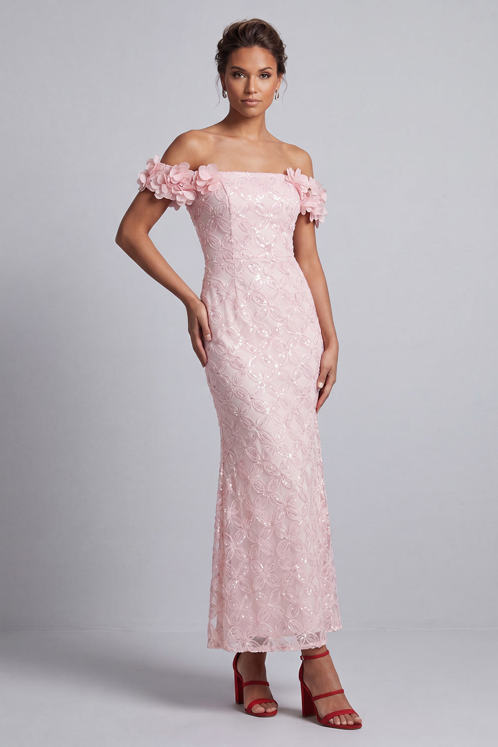 Robe de mariée rose sirène à paillettes, épaules dénudées, mi-longue, avec fleurs 3D