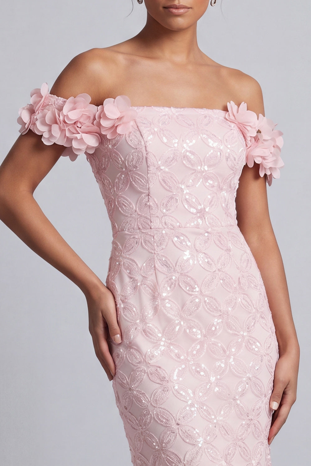 Robe de mariée rose sirène à paillettes, épaules dénudées, mi-longue, avec fleurs 3D