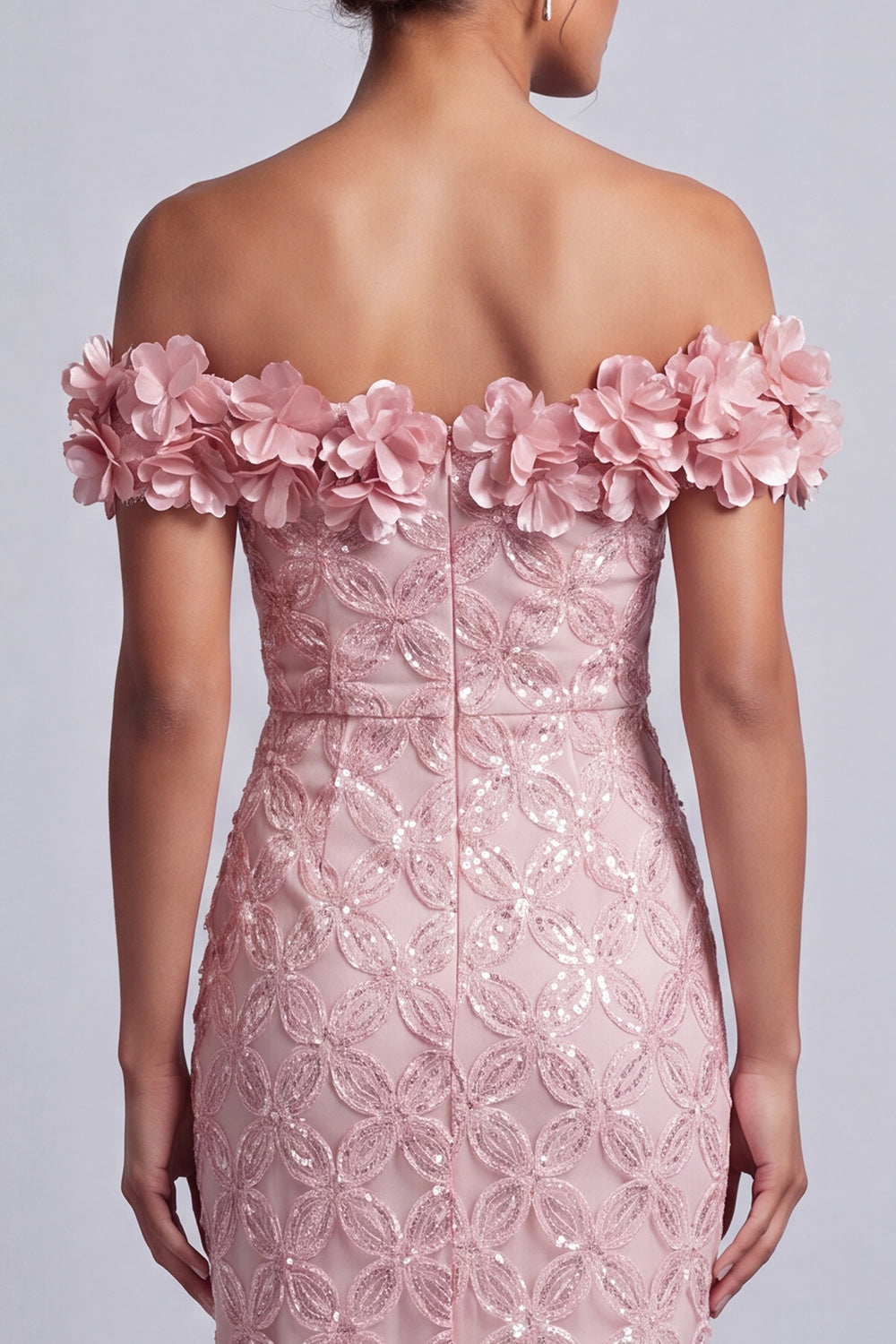 Robe de mariée rose sirène à paillettes, épaules dénudées, mi-longue, avec fleurs 3D