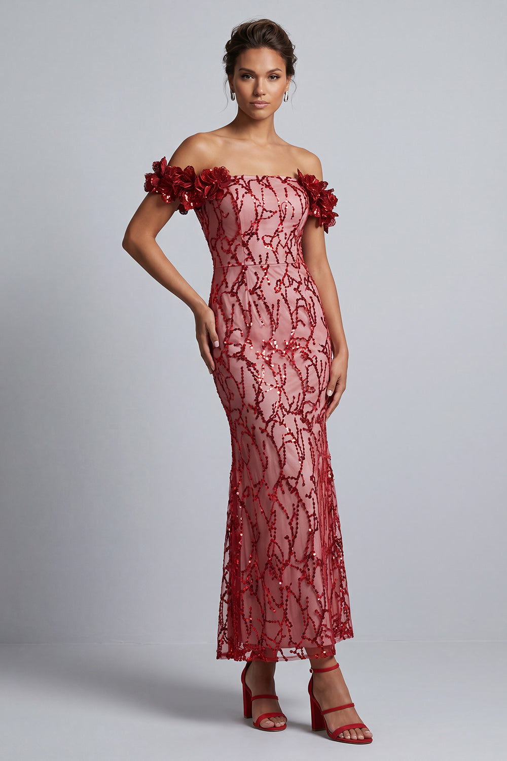 Robe de mariée rose sirène à paillettes, épaules dénudées, mi-longue, avec fleurs 3D