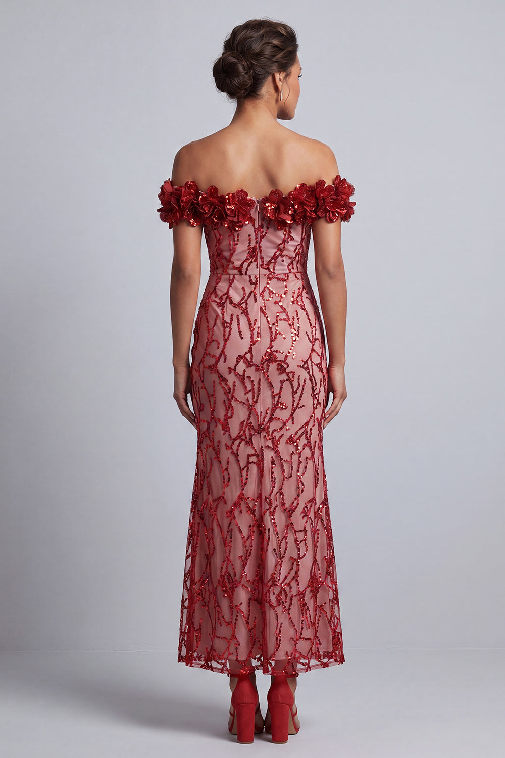 Robe de mariée rose sirène à paillettes, épaules dénudées, mi-longue, avec fleurs 3D