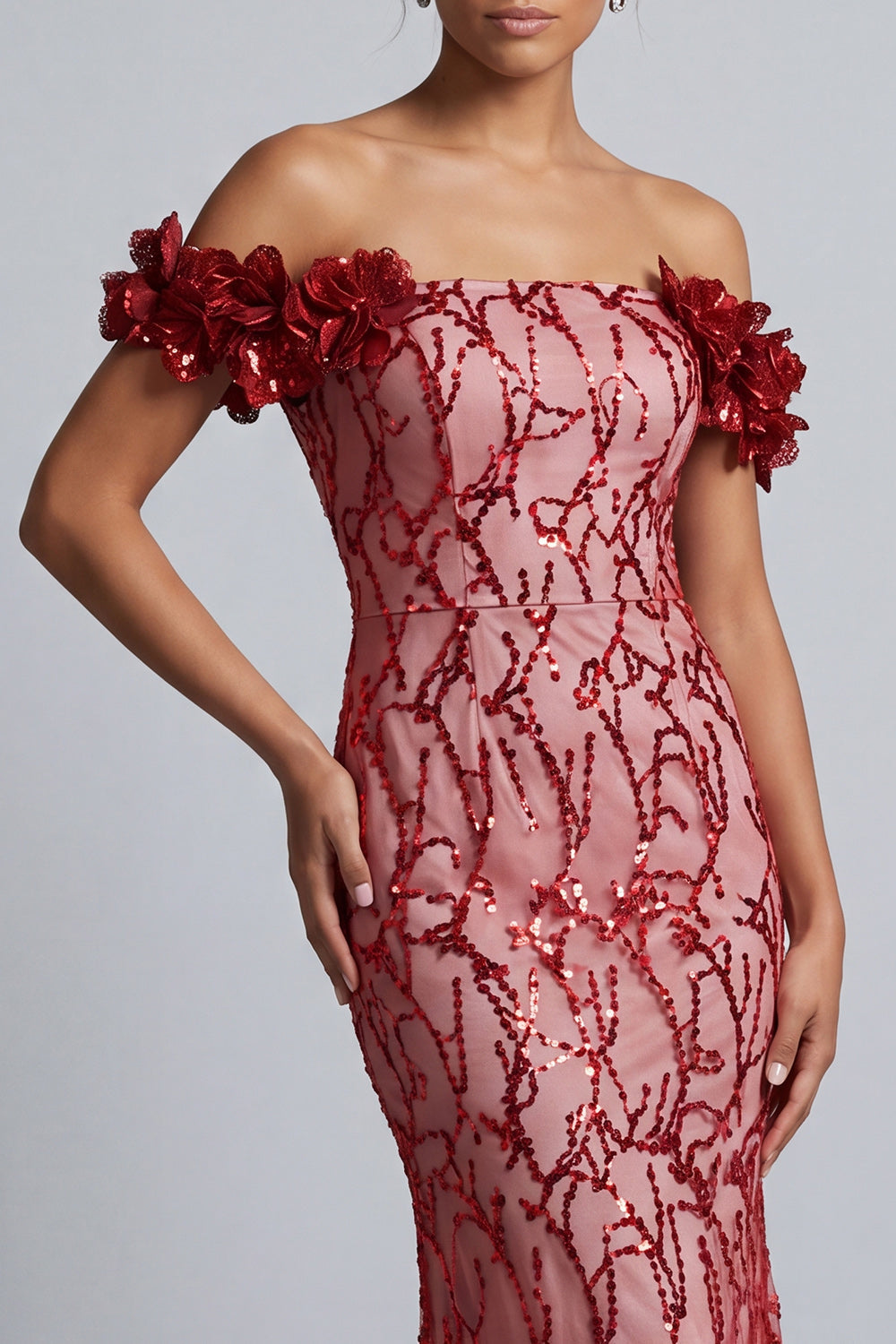 Robe de mariée rose sirène à paillettes, épaules dénudées, mi-longue, avec fleurs 3D