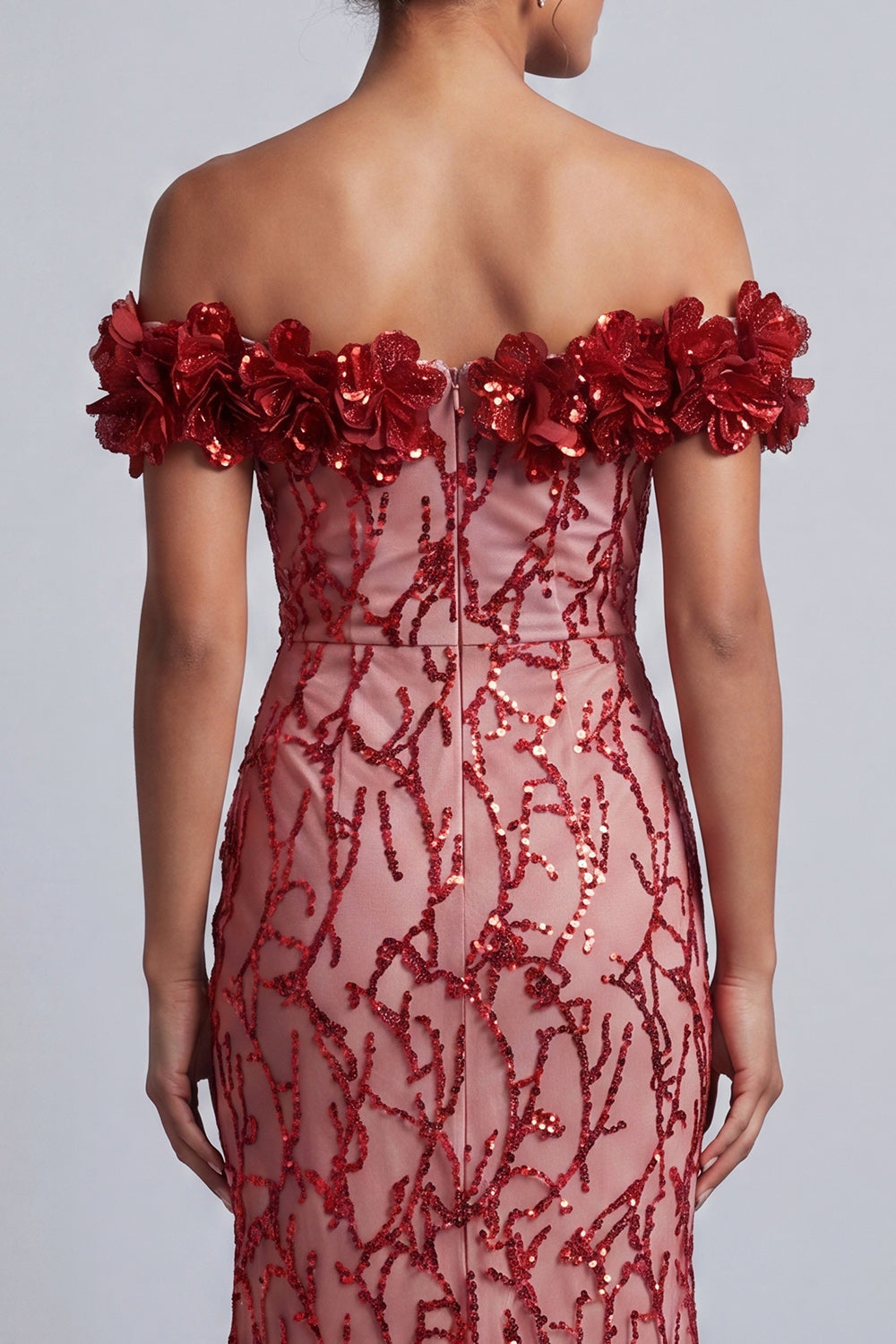 Robe de mariée rose sirène à paillettes, épaules dénudées, mi-longue, avec fleurs 3D