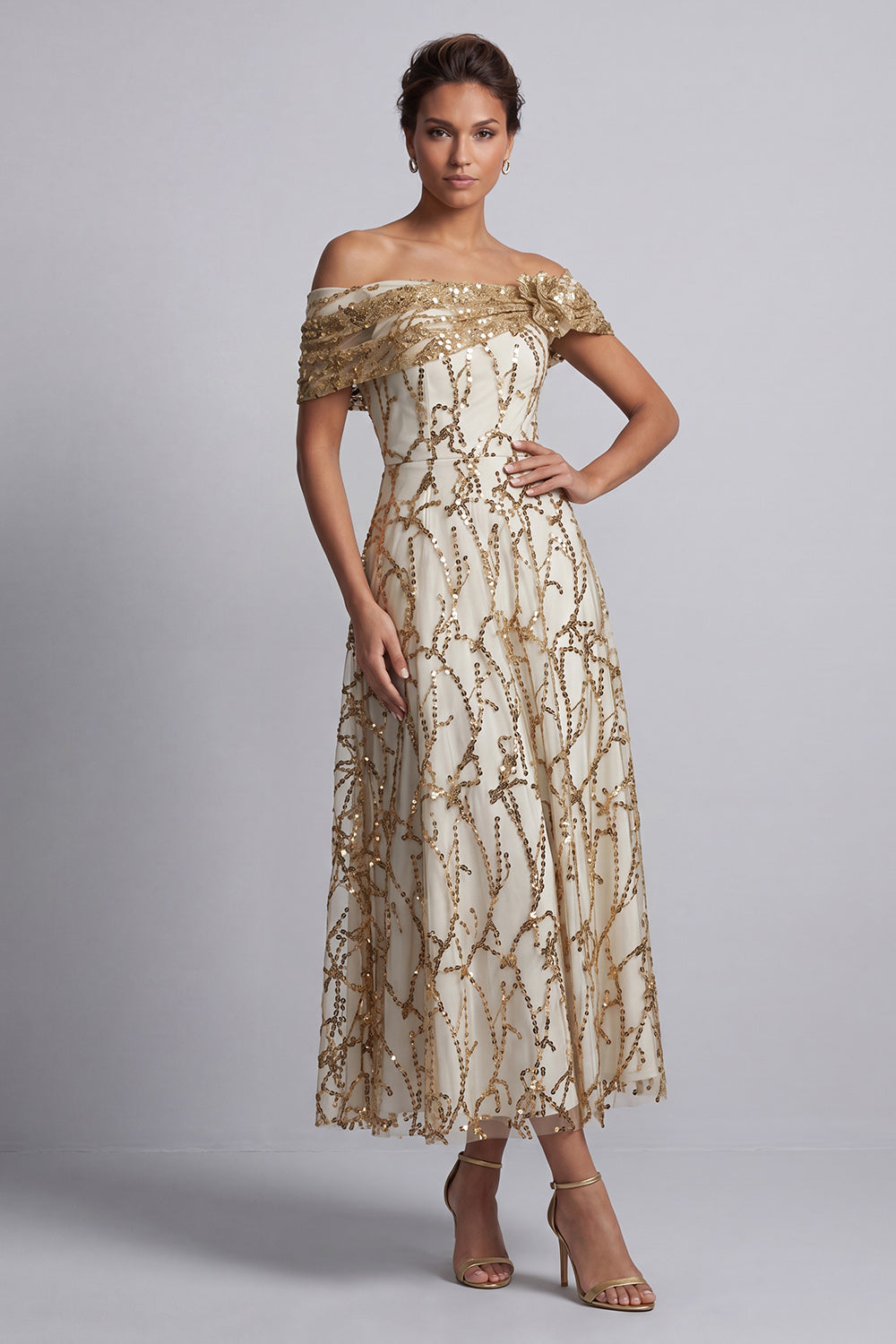 Red Off the Shoulder A-Line Sequins Midi Mother Of the Bride Dress