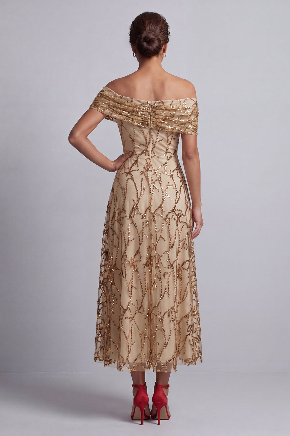 Red Off the Shoulder A-Line Sequins Midi Mother Of the Bride Dress