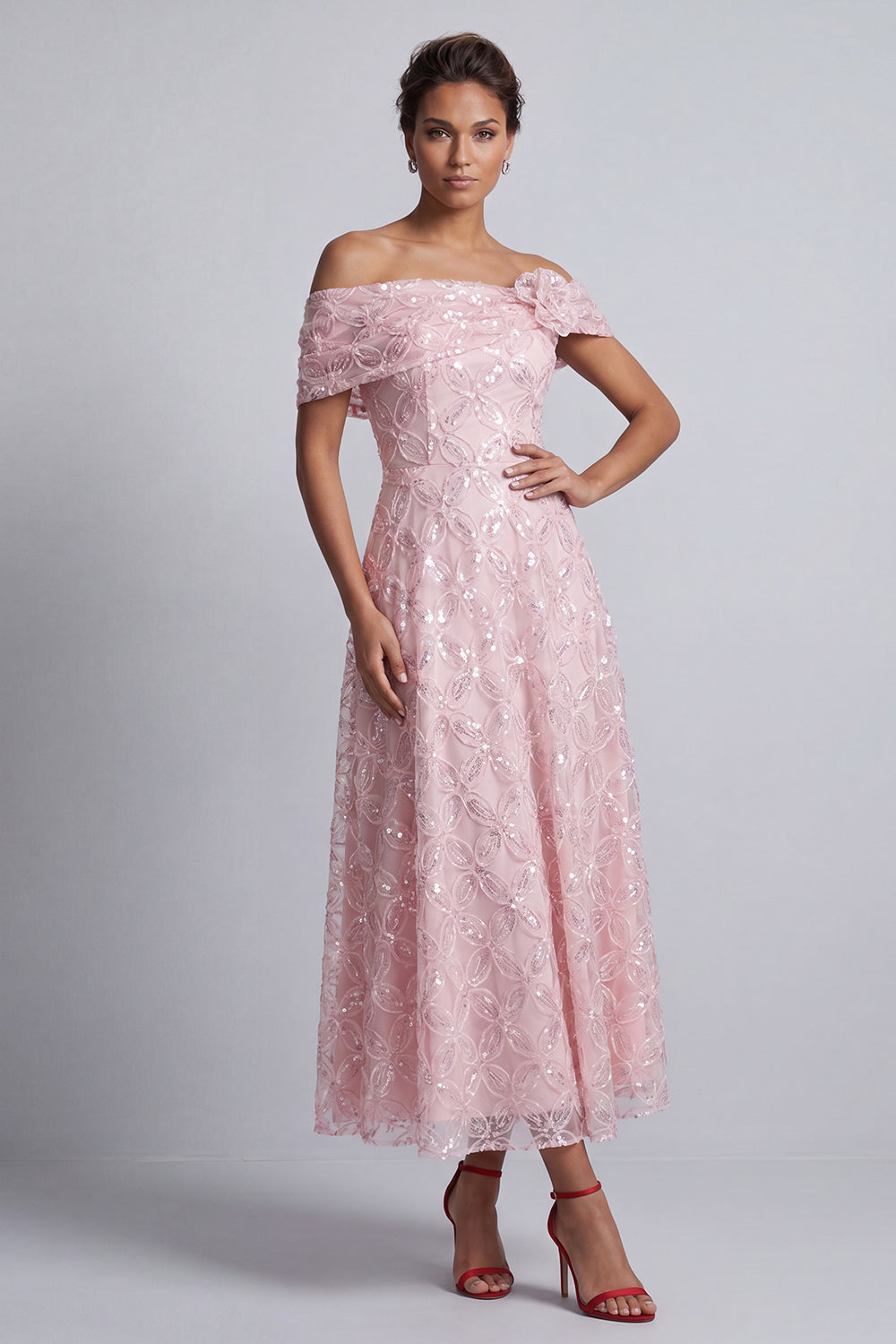 Red Off the Shoulder A-Line Sequins Midi Mother Of the Bride Dress