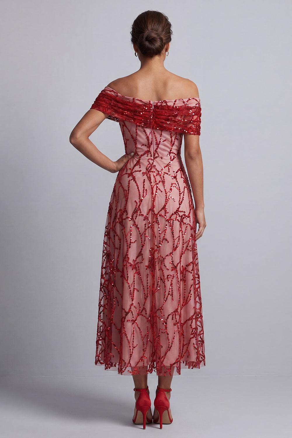 Red Off the Shoulder A-Line Sequins Midi Mother Of the Bride Dress