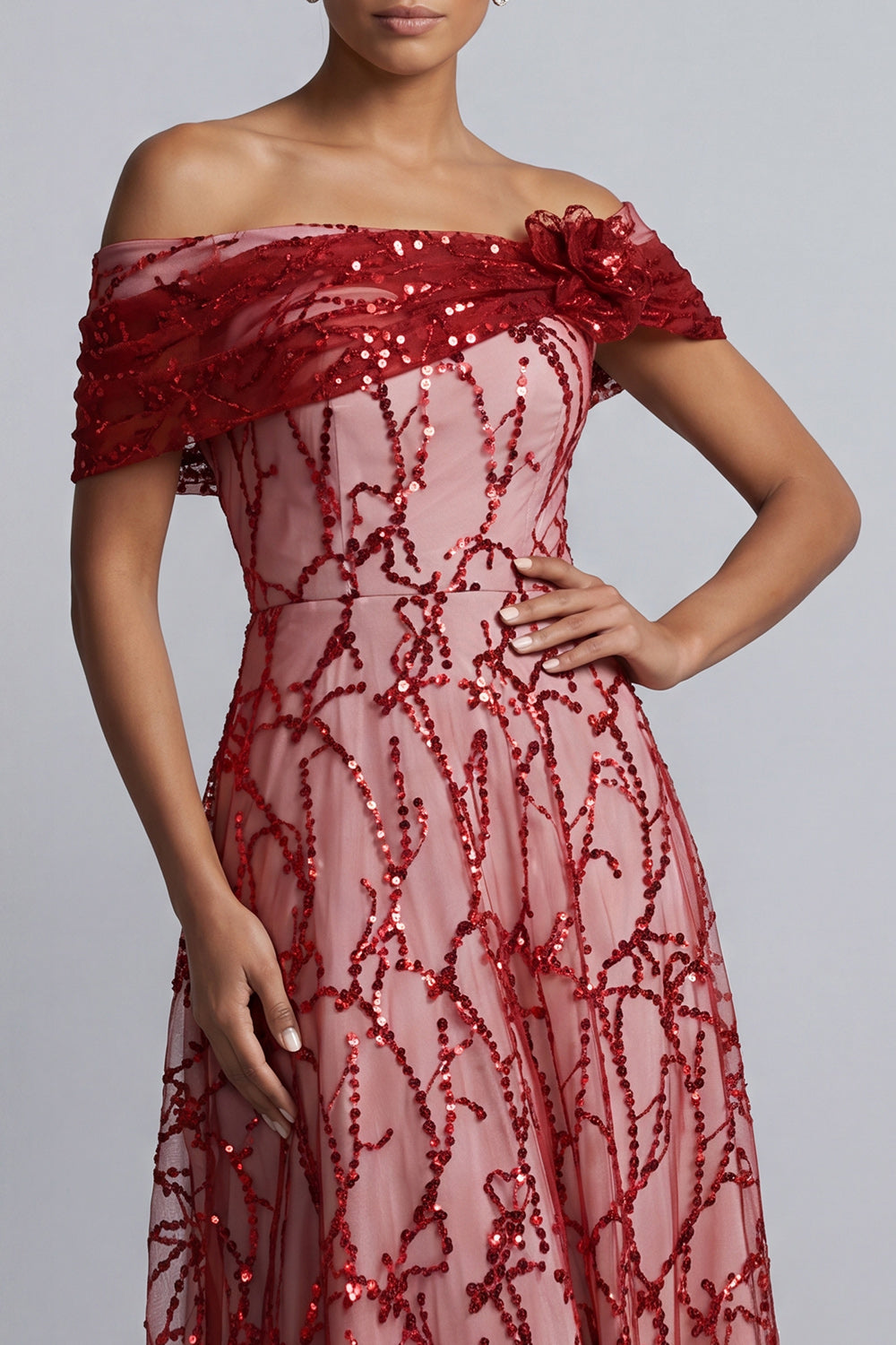 Red Off the Shoulder A-Line Sequins Midi Mother Of the Bride Dress