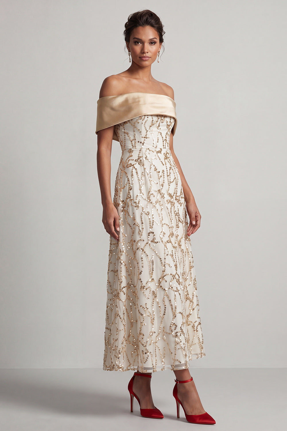 A-Line Red Off the Shoulder Midi Mother Of the Bride Dress with Sequins