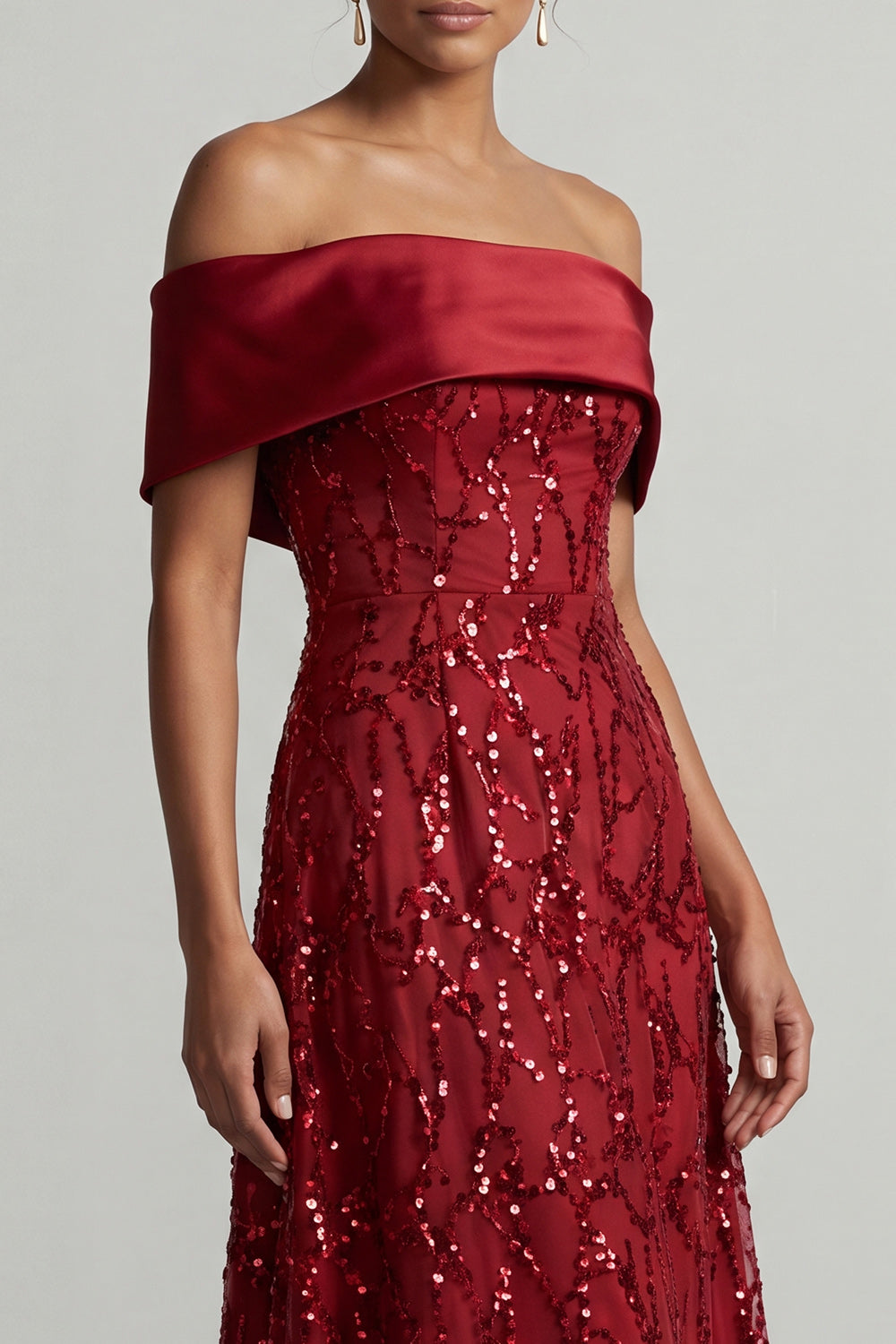 A-Line Red Off the Shoulder Midi Mother Of the Bride Dress with Sequins