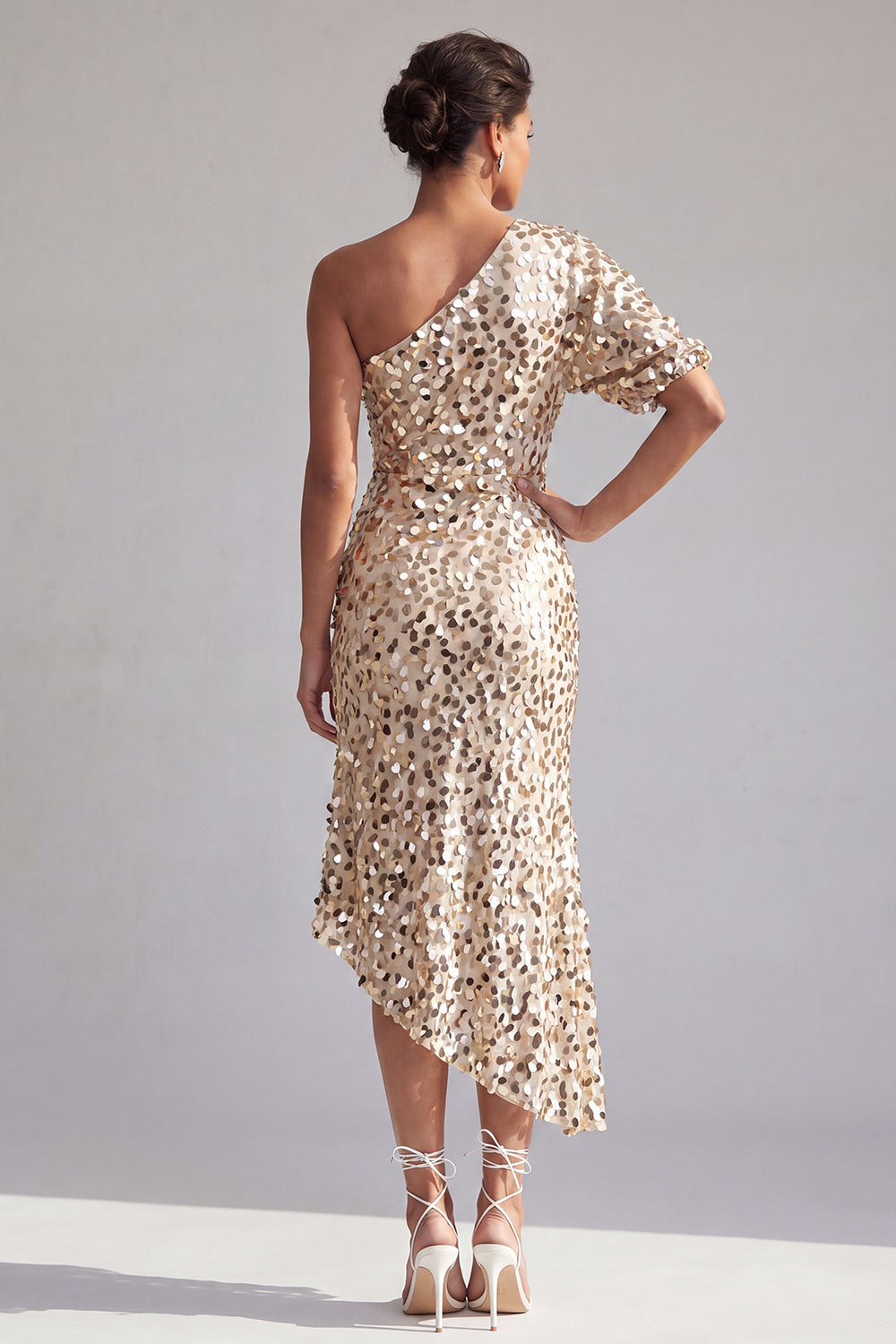 Mermaid Champagne One-Shoulder Asymmetrical Ruched Sequin Midi Mother of the Bride Dress