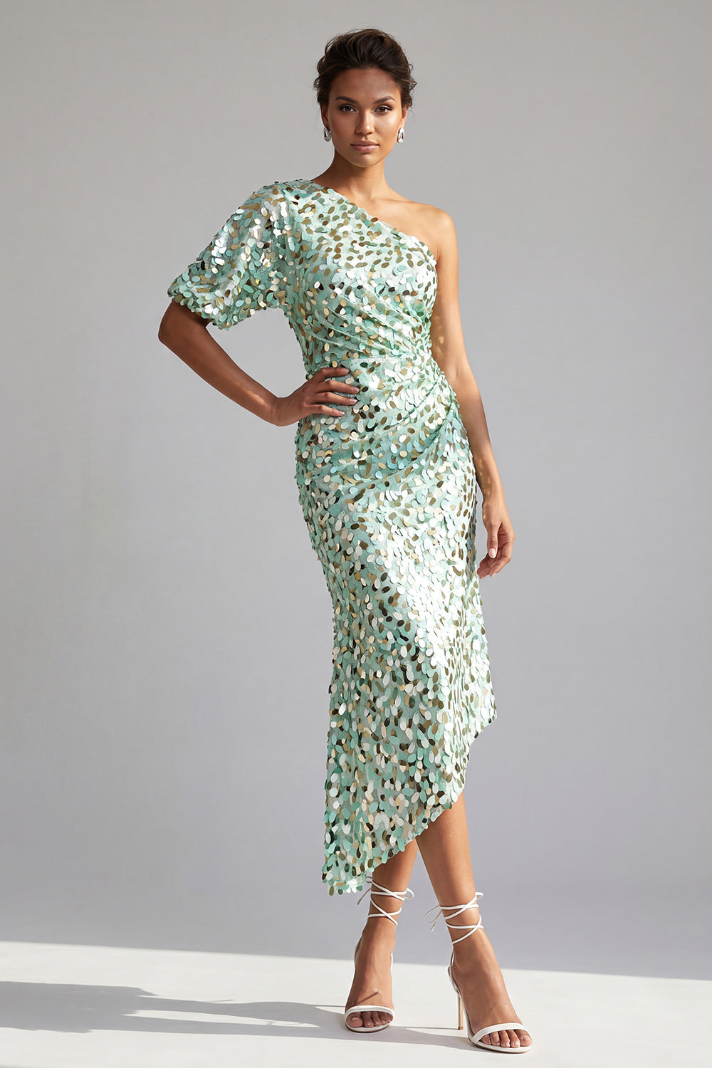 Mermaid Champagne One-Shoulder Asymmetrical Ruched Sequin Midi Mother of the Bride Dress