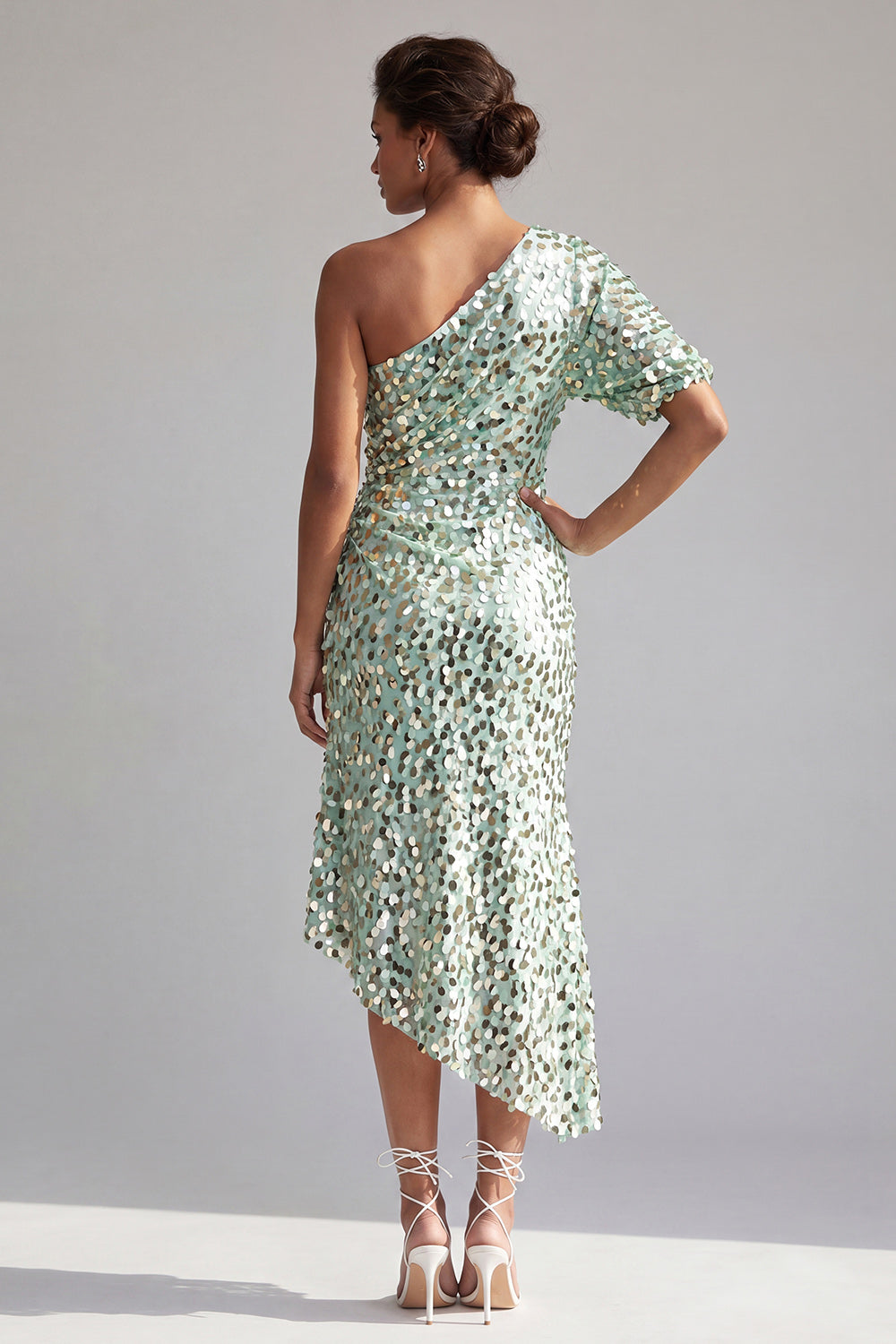 Mermaid Champagne One-Shoulder Asymmetrical Ruched Sequin Midi Mother of the Bride Dress