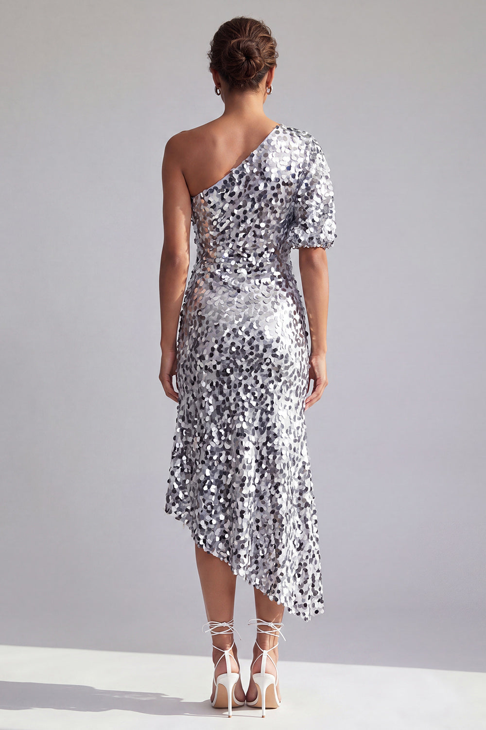 Mermaid Champagne One-Shoulder Asymmetrical Ruched Sequin Midi Mother of the Bride Dress