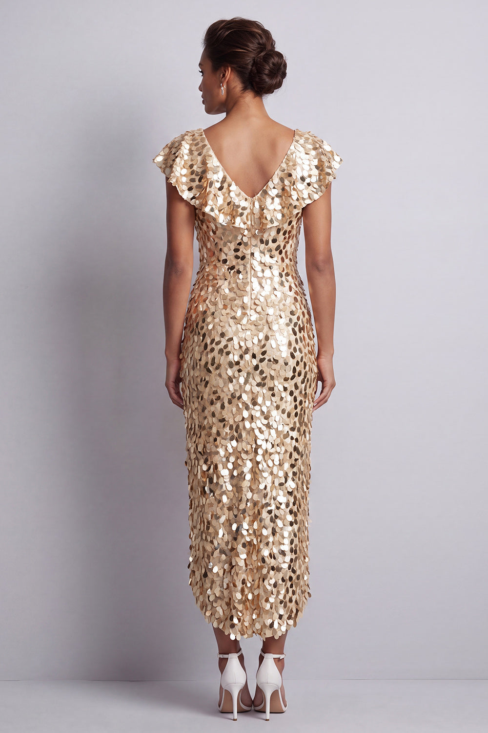 Mermaid Silver V-Neck Asymmetrical Sequins Midi Mother of the Bride Dress with Ruffles