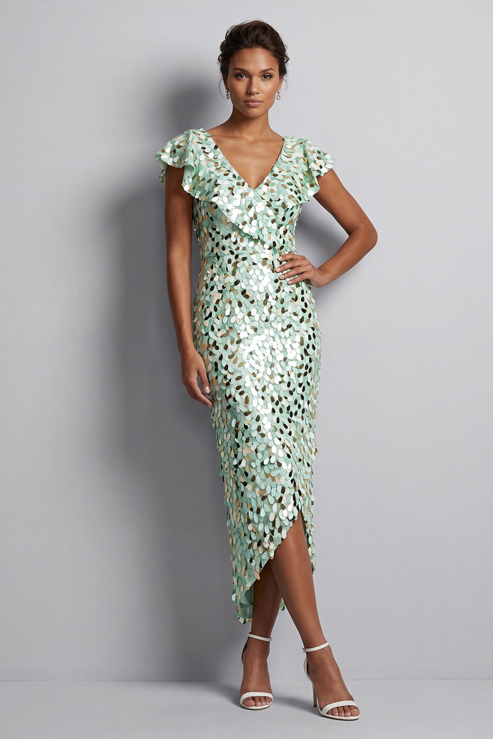 Mermaid Silver V-Neck Asymmetrical Sequins Midi Mother of the Bride Dress with Ruffles