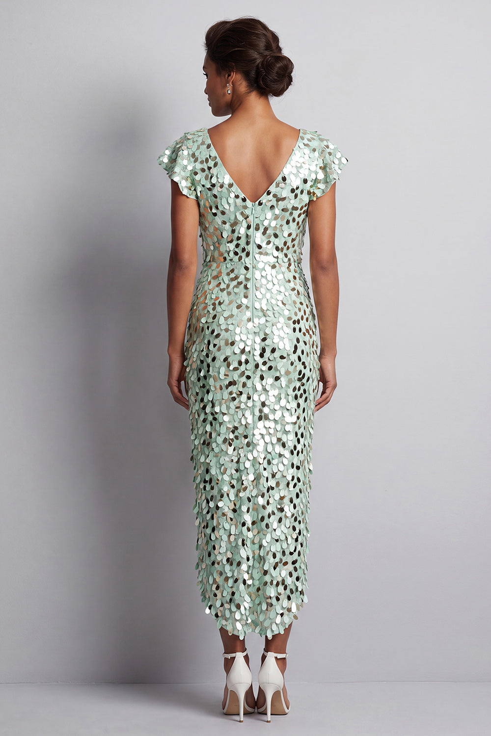 Mermaid Silver V-Neck Asymmetrical Sequins Midi Mother of the Bride Dress with Ruffles
