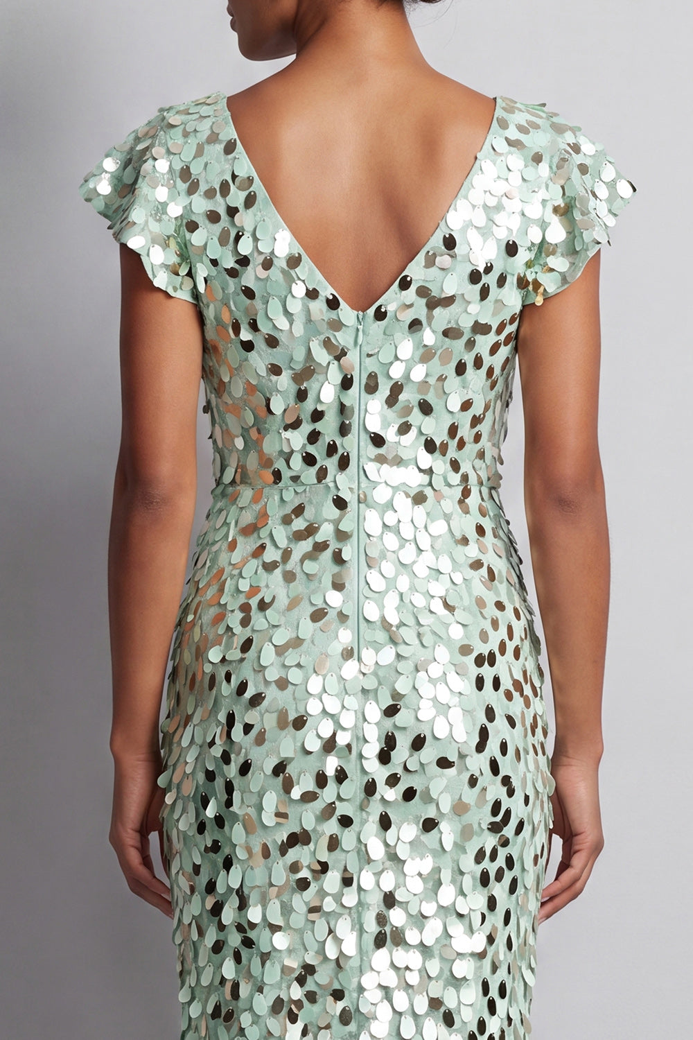 Mermaid Silver V-Neck Asymmetrical Sequins Midi Mother of the Bride Dress with Ruffles