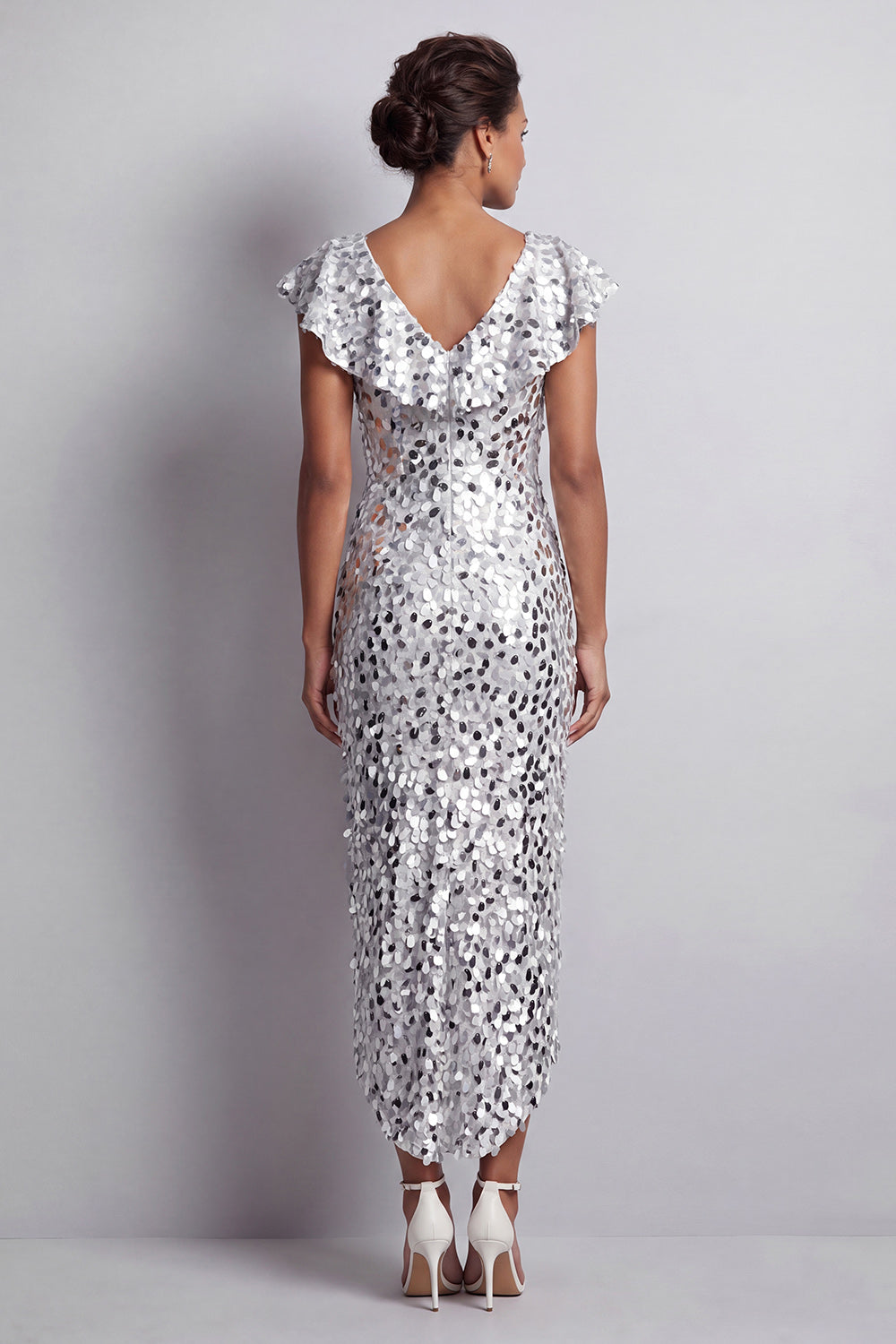 Mermaid Silver V-Neck Asymmetrical Sequins Midi Mother of the Bride Dress with Ruffles