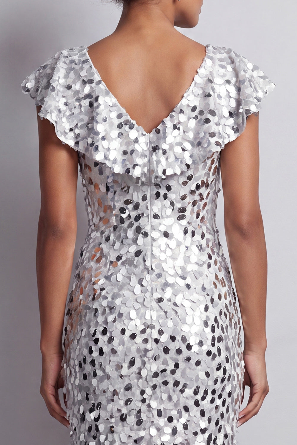 Mermaid Silver V-Neck Asymmetrical Sequins Midi Mother of the Bride Dress with Ruffles