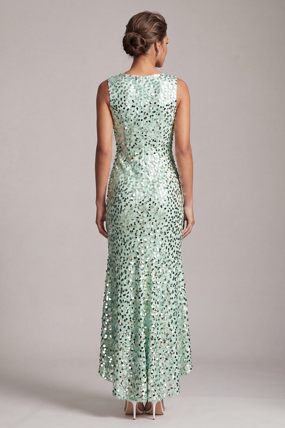 Sparkly Green Mermaid Asymmetrical Round Neck Midi Mother Of the Bride Dress with Sequins