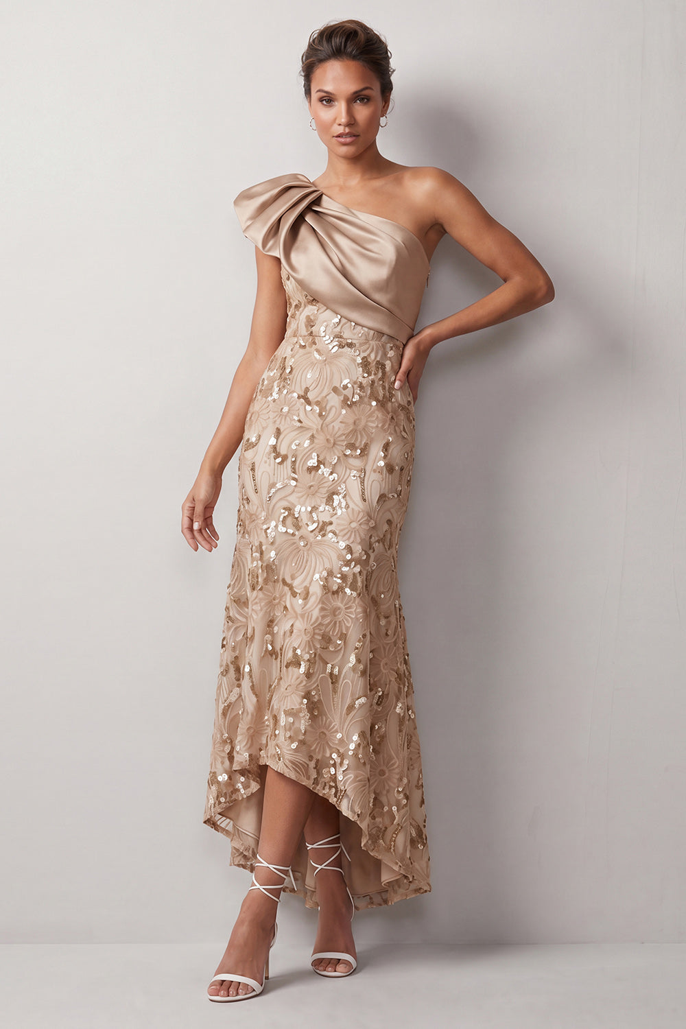 Peach Mermaid One-Shoulder Asymmetrical Sequined Midi Mother of the Bride Dress